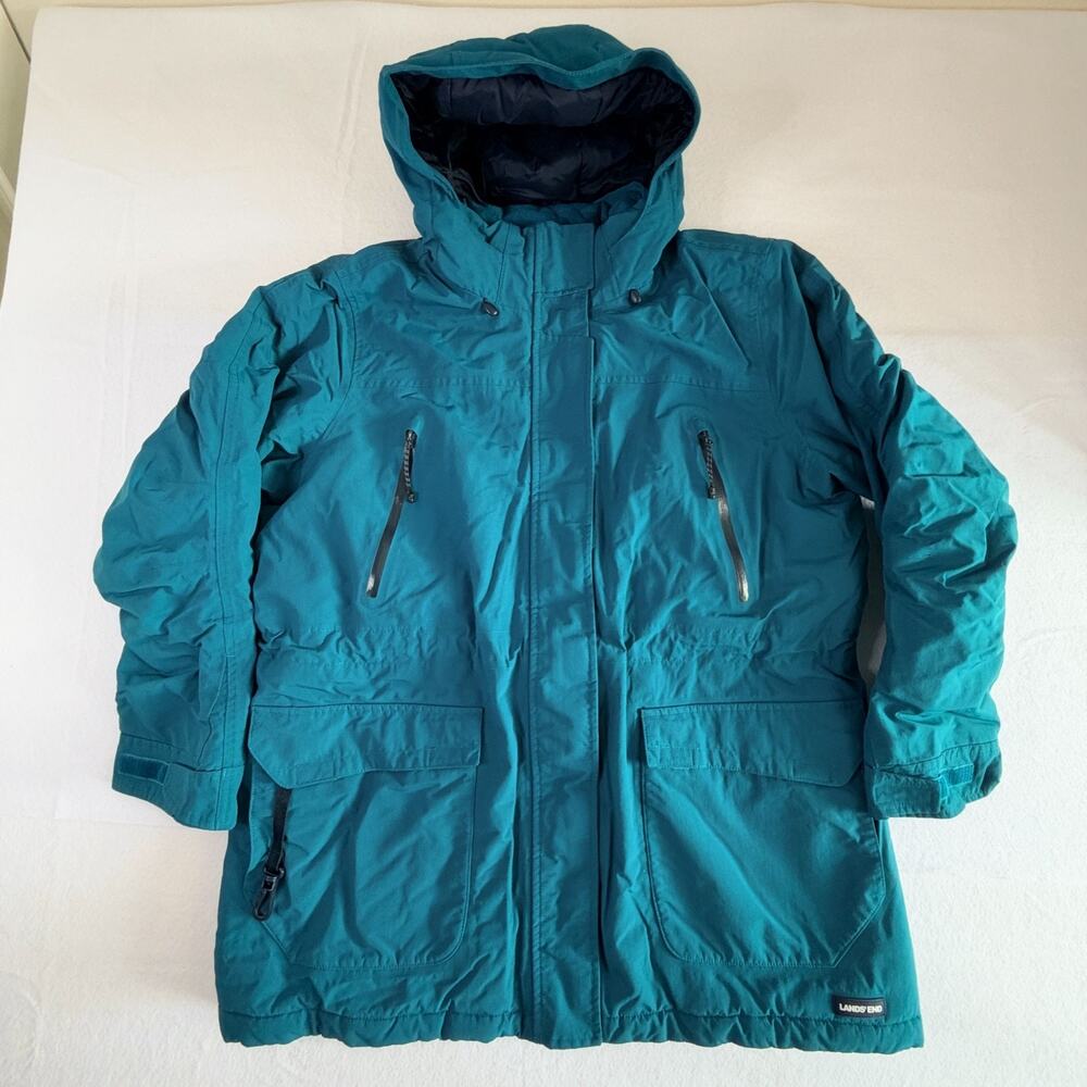 Lands' End Squall Women's Teal Hooded Parka Jacket Size XL/P 18 Waterproof